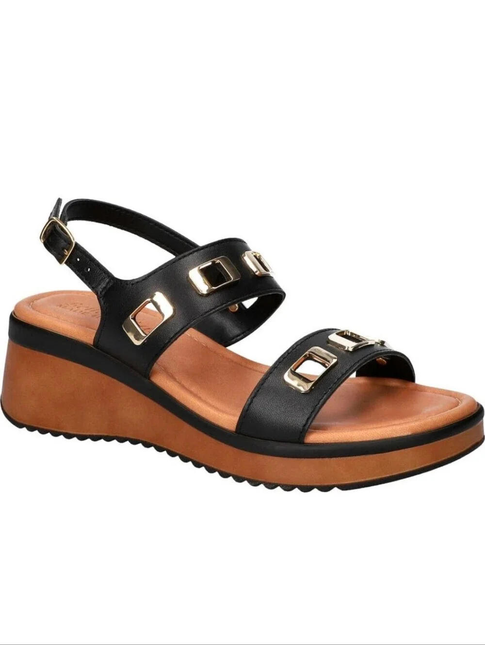 BELLA VITA ITALIAN LEATHER -NEW IN BOX- WEDGE SANDALS BLACK 6.5